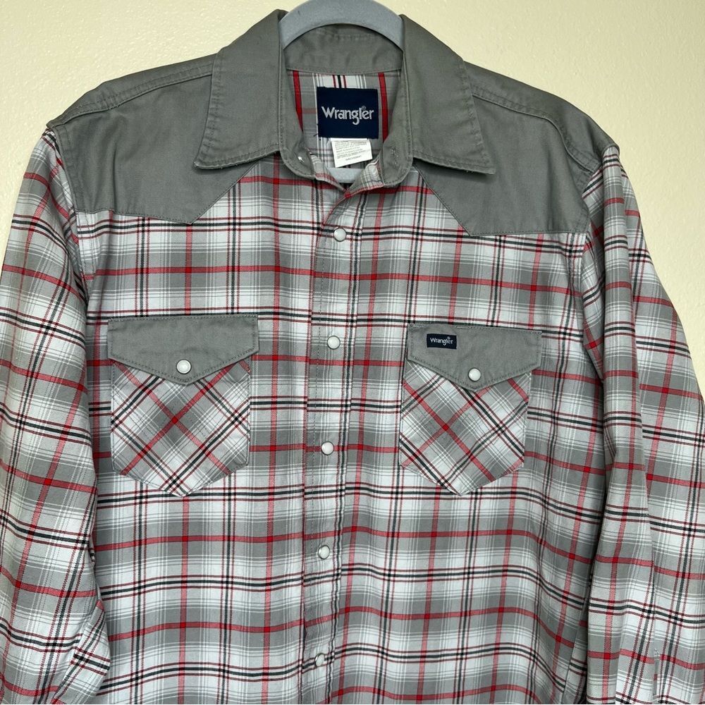 Wrangler Brushpopper Plaid Gray Red Pearl Snap Long Sleeve Shirt Men Size Large - Picture 3 of 13